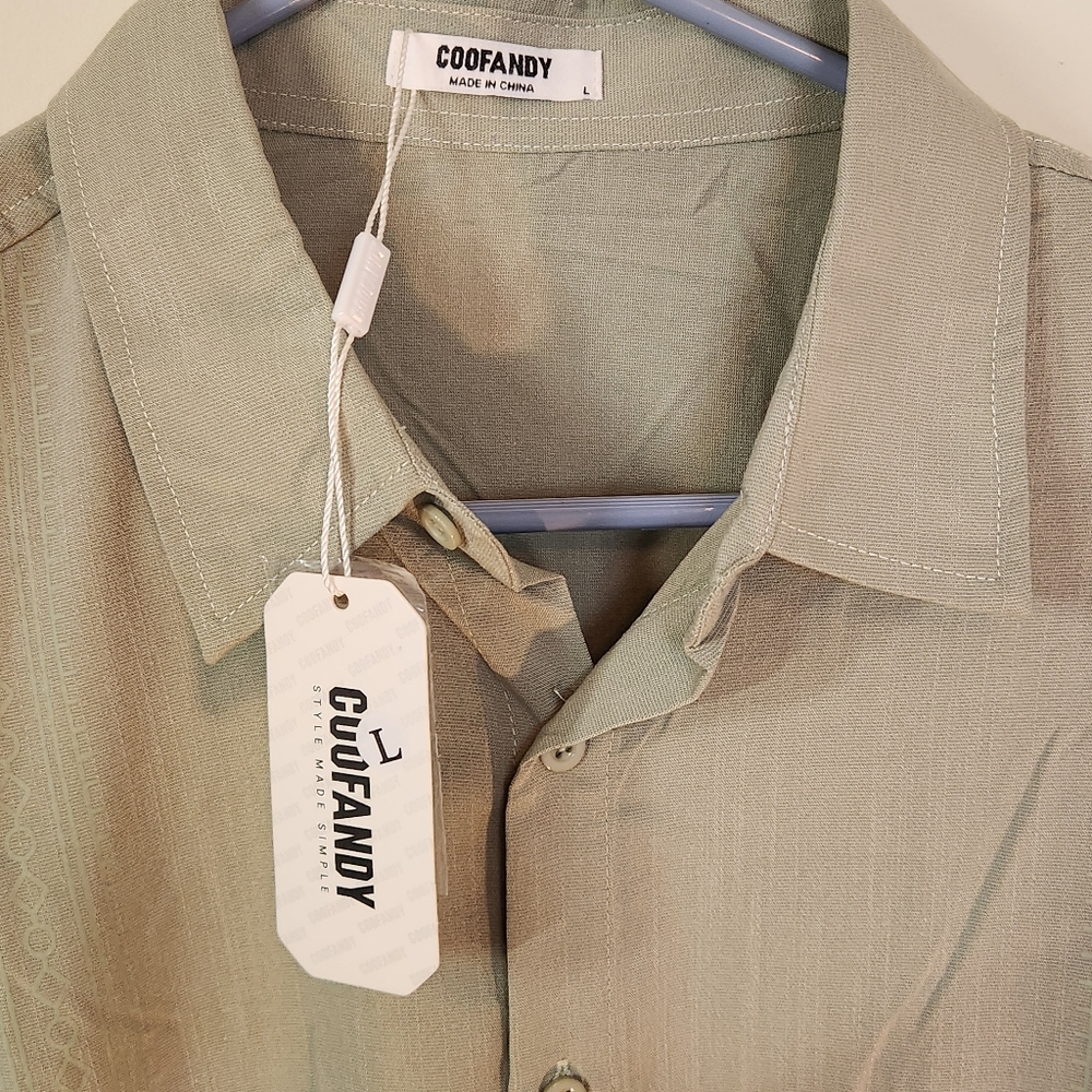Coofandy Men's Casual Button Down Large Shirt - Green Patterned Rayon Blend